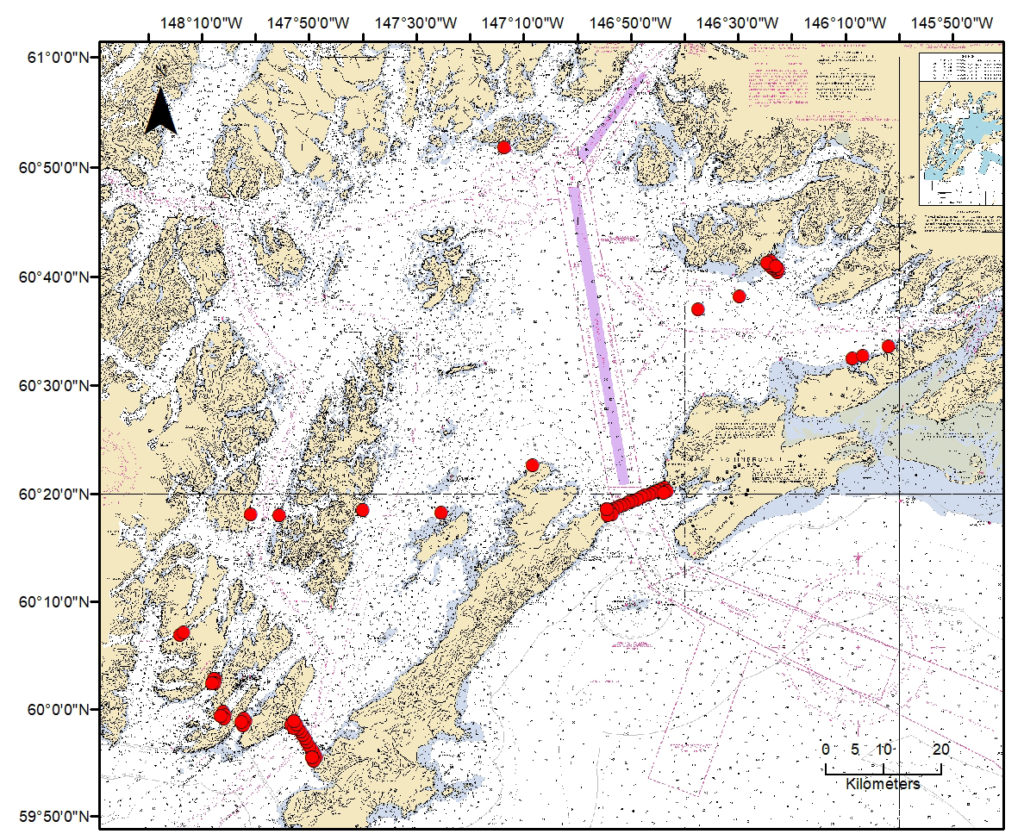 Map of Prince William Sound and the location of tracking moorings.