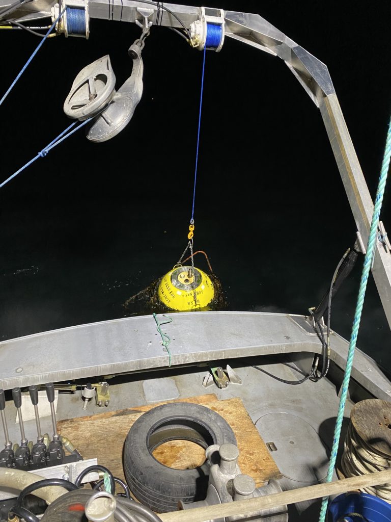 The expired Coastal Data Information Program buoy being recovered in lower Cook Inlet, Alaska.