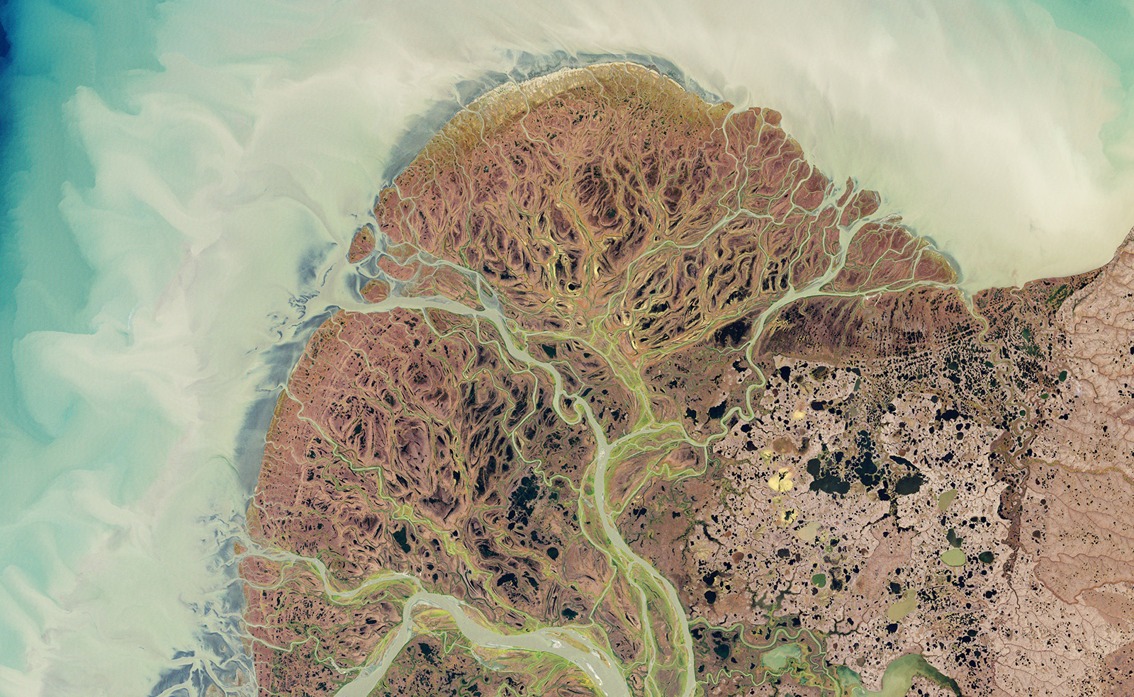 A natural-color image showing rivers meandering through the Yukon Delta in southwestern Alaska